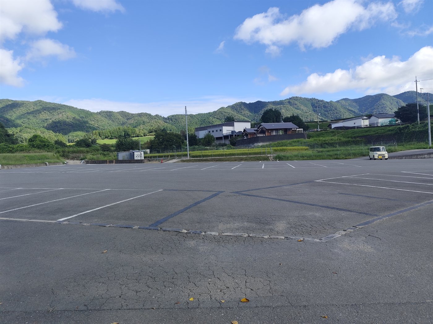 グリーンティー和束の駐車場。白線で区画された広い駐車場の先に、田んぼと斜面の茶畑、和束の山なみが広がる